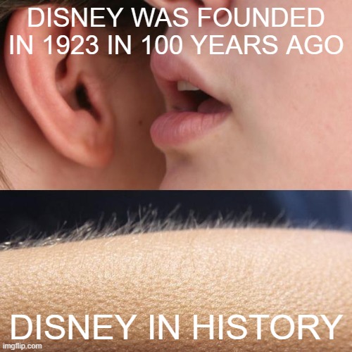We have The Walt Disney Company was founded in 1923 | DISNEY WAS FOUNDED IN 1923 IN 100 YEARS AGO; DISNEY IN HISTORY | image tagged in whisper and goosebumps,memes | made w/ Imgflip meme maker