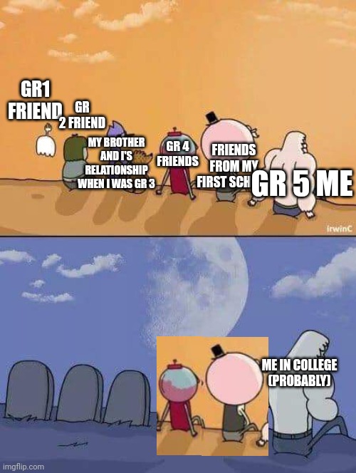 My friend list | GR 2 FRIEND; GR1 FRIEND; MY BROTHER AND I'S RELATIONSHIP WHEN I WAS GR 3; FRIENDS FROM MY FIRST SCHOOL; GR 4 FRIENDS; GR 5 ME; ME IN COLLEGE (PROBABLY) | image tagged in regular show graves,friends | made w/ Imgflip meme maker