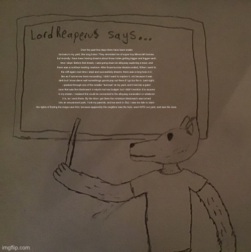 my dream | Over the past few days there have been snake burrows in my yard, like long holes. They reminded me of super tiny Minecraft ravines, but recently i have been having dreams about those holes getting bigger and bigger each time i slept. Before that dream, i was going down an alleyway exploring a town, and there was a rockface leading nowhere. After those burrow dreams ended, When i went to the cliff again next time i slept and successfully dreamt, there was a long hole in it, like as if someones been excavating. I didn’t want to explore it, not because it was dark but i know damn well somethings gonna pop out there if i go too far in. Last night, i peeked through one of the smaller “burrows” at my yard, and it led into a giant cave that was like blackreach in skyrim but low budget, but i didn’t mention it to anyone in my dream. I realized this could be connected to the alleyway excavation or whatever it is, so i went there. By the time i got there the miniature blackreach was turned into an amusement park. I told my parents, and we went in. But, i was too late to claim the rights of finding the mega cave first, because apparently the neighbor saw the hole, went INTO our yard, and saw the cave. | image tagged in lordreaperus says | made w/ Imgflip meme maker