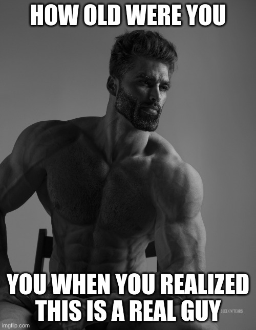 His name is Ernest Khalimov |  HOW OLD WERE YOU; YOU WHEN YOU REALIZED THIS IS A REAL GUY | image tagged in giga chad,chad | made w/ Imgflip meme maker