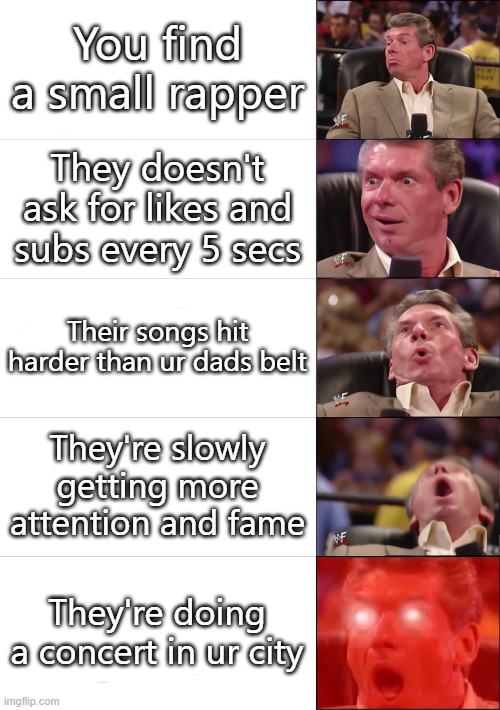 *cough* Rarin *cough* | You find a small rapper; They doesn't ask for likes and subs every 5 secs; Their songs hit harder than ur dads belt; They're slowly getting more attention and fame; They're doing a concert in ur city | image tagged in vince mcmahon 5 tier | made w/ Imgflip meme maker