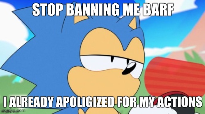 damn it is getting annoying | STOP BANNING ME BARF; I ALREADY APOLIGIZED FOR MY ACTIONS | image tagged in sonic unamused | made w/ Imgflip meme maker