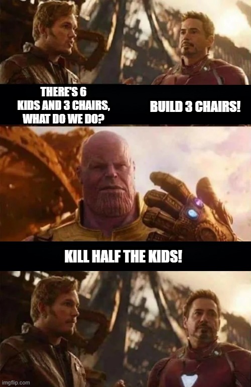 The Thanos Solution | THERE'S 6 KIDS AND 3 CHAIRS, WHAT DO WE DO? BUILD 3 CHAIRS! KILL HALF THE KIDS! | image tagged in thanos | made w/ Imgflip meme maker