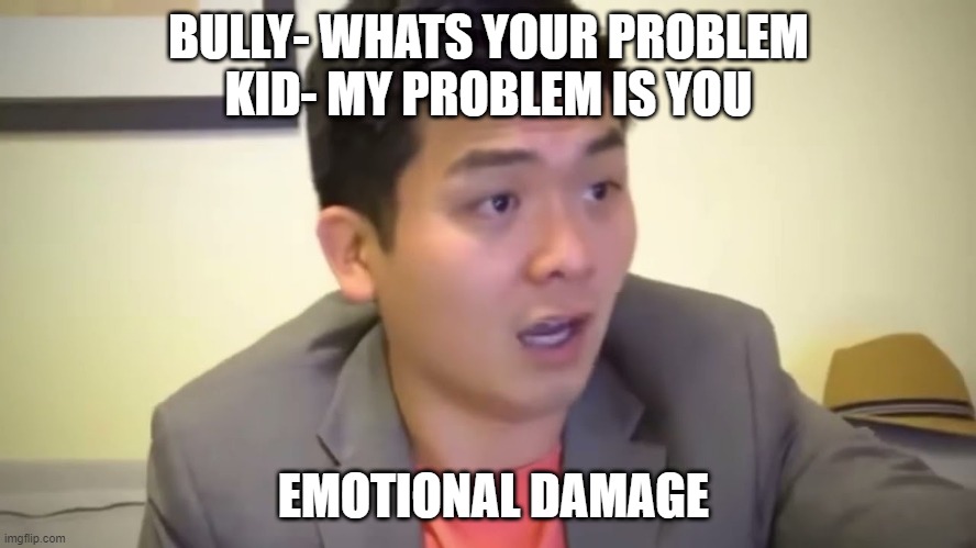 emotional damage | BULLY- WHATS YOUR PROBLEM
KID- MY PROBLEM IS YOU; EMOTIONAL DAMAGE | image tagged in emotional damage | made w/ Imgflip meme maker