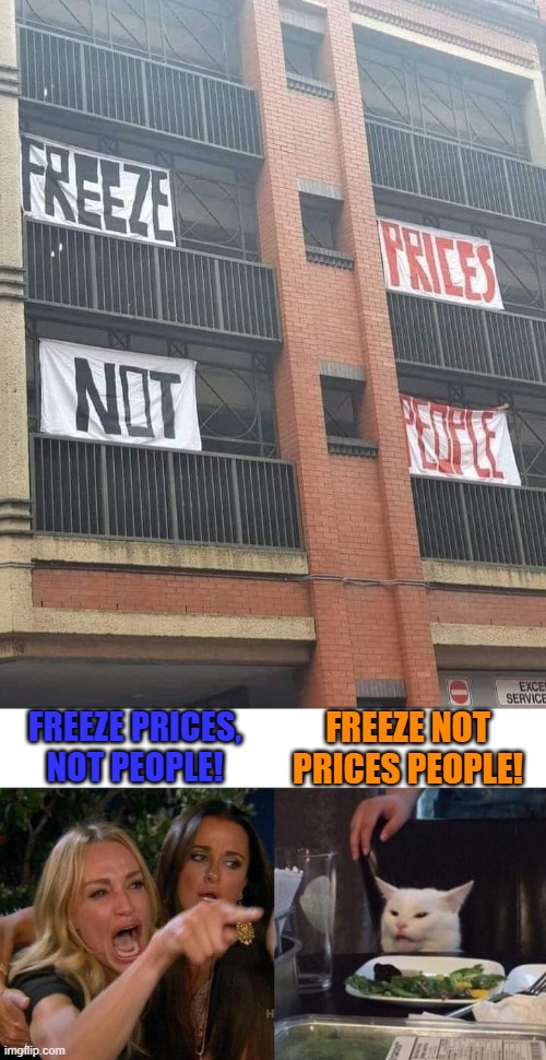 Those poor Prices-People are out in the cold. | FREEZE PRICES, NOT PEOPLE! FREEZE NOT PRICES PEOPLE! | image tagged in memes,woman yelling at cat | made w/ Imgflip meme maker