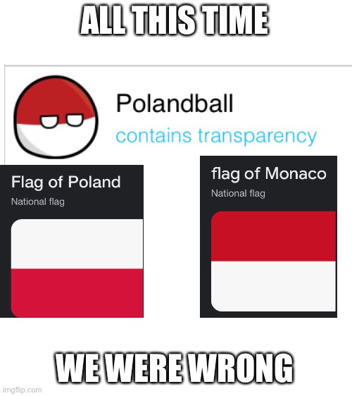 Monacoball | ALL THIS TIME; WE WERE WRONG | image tagged in blank white template | made w/ Imgflip meme maker