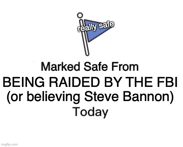 Marked Safe From Meme | really safe; BEING RAIDED BY THE FBI
(or believing Steve Bannon) | image tagged in memes,marked safe from | made w/ Imgflip meme maker