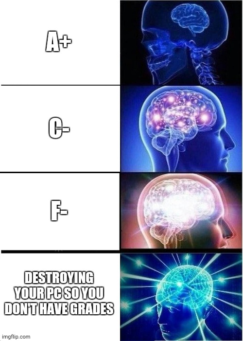 #schoolmemes | A+; C-; F-; DESTROYING YOUR PC SO YOU DON'T HAVE GRADES | image tagged in memes,expanding brain | made w/ Imgflip meme maker