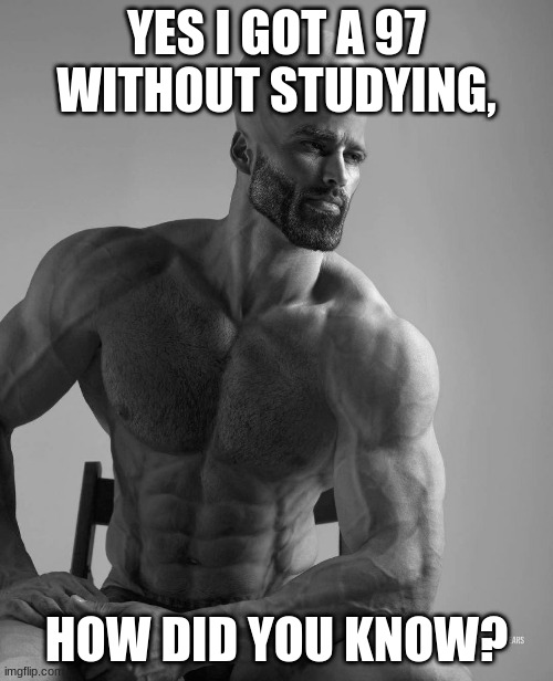 the kid who got a 62 but studied all night | YES I GOT A 97 WITHOUT STUDYING, HOW DID YOU KNOW? | image tagged in intelligent chad | made w/ Imgflip meme maker