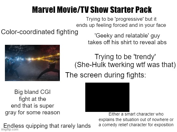 Marvel Movie/TV Show Starter Pack | Marvel Movie/TV Show Starter Pack; Trying to be 'progressive' but it ends up feeling forced and in your face; Color-coordinated fighting; 'Geeky and relatable' guy takes off his shirt to reveal abs; Trying to be 'trendy' (She-Hulk twerking wtf was that); The screen during fights:; Big bland CGI fight at the end that is super gray for some reason; Either a smart character who explains the situation out of nowhere or a comedy relief character for exposition; Endless quipping that rarely lands | image tagged in blank white template,starter pack,marvel | made w/ Imgflip meme maker