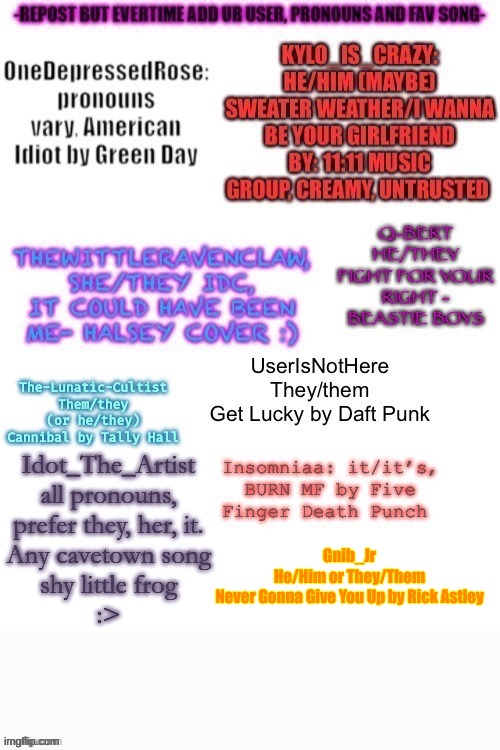 Repost | Gnib_Jr
He/Him or They/Them
Never Gonna Give You Up by Rick Astley | made w/ Imgflip meme maker