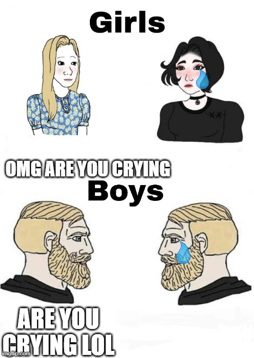 Girls vs Boys | OMG ARE YOU CRYING; ARE YOU CRYING LOL | image tagged in girls vs boys | made w/ Imgflip meme maker