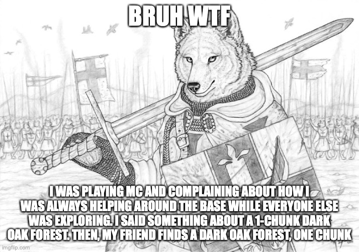 what are the odds | BRUH WTF; I WAS PLAYING MC AND COMPLAINING ABOUT HOW I WAS ALWAYS HELPING AROUND THE BASE WHILE EVERYONE ELSE WAS EXPLORING. I SAID SOMETHING ABOUT A 1-CHUNK DARK OAK FOREST. THEN, MY FRIEND FINDS A DARK OAK FOREST, ONE CHUNK | image tagged in fursader | made w/ Imgflip meme maker