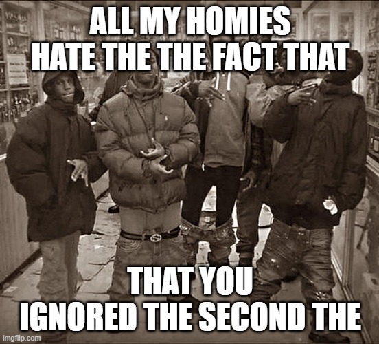 wha | ALL MY HOMIES HATE THE THE FACT THAT; THAT YOU IGNORED THE SECOND THE | image tagged in all my homies hate | made w/ Imgflip meme maker