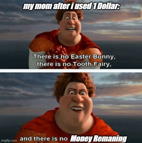 Moms Be like: | my mom after i used 1 Dollar:; Money Remaning | image tagged in tighten megamind there is no easter bunny | made w/ Imgflip meme maker