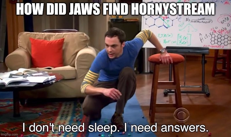 TELL ME  | HOW DID JAWS FIND HORNYSTREAM | image tagged in i don't need sleep i need answers | made w/ Imgflip meme maker