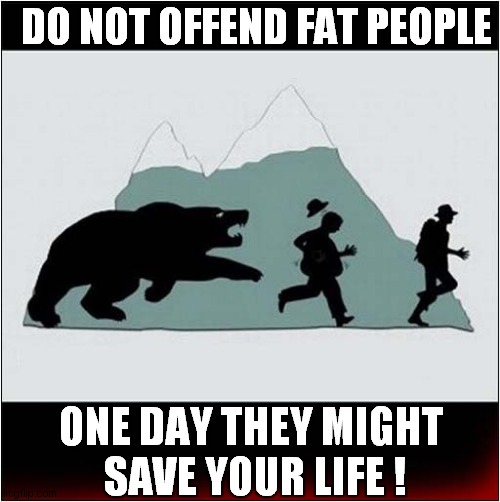 Useful Wilderness Advice ! | DO NOT OFFEND FAT PEOPLE; ONE DAY THEY MIGHT
 SAVE YOUR LIFE ! | image tagged in bears,fat people,life saver | made w/ Imgflip meme maker