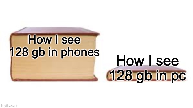 gigabytes | How I see 128 gb in phones; How I see 128 gb in pc | image tagged in big book small book | made w/ Imgflip meme maker