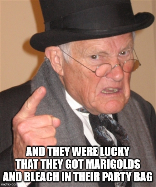 Angry Old Man | AND THEY WERE LUCKY THAT THEY GOT MARIGOLDS AND BLEACH IN THEIR PARTY BAG | image tagged in angry old man | made w/ Imgflip meme maker