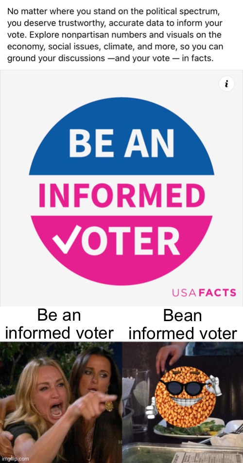Why yes I will bean informed voter | Bean informed voter; Be an informed voter | image tagged in be an informed voter,memes,woman yelling at cat,bean,informed,voter | made w/ Imgflip meme maker