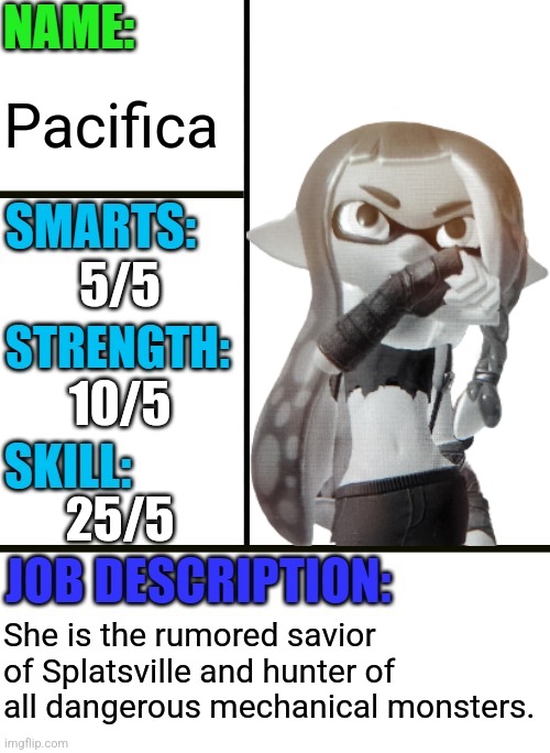 She is part of an old clan called the Nora | Pacifica; 5/5; 10/5; 25/5; She is the rumored savior of Splatsville and hunter of all dangerous mechanical monsters. | image tagged in antiboss-heroes template | made w/ Imgflip meme maker