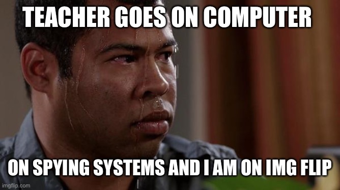 sweating bullets | TEACHER GOES ON COMPUTER; ON SPYING SYSTEMS AND I AM ON IMG FLIP | image tagged in sweating bullets | made w/ Imgflip meme maker