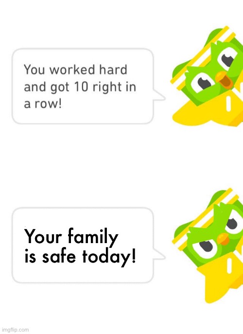 Good duolingo | Your family is safe today! | image tagged in duolingo 10 in a row,duolingo | made w/ Imgflip meme maker