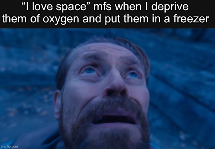 Original meme #5739574738292094857477382 | “I love space” mfs when I deprive them of oxygen and put them in a freezer | image tagged in space,willem dafoe | made w/ Imgflip meme maker