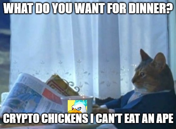 Dinner Cat | WHAT DO YOU WANT FOR DINNER? CRYPTO CHICKENS I CAN'T EAT AN APE | image tagged in memes,i should buy a boat cat | made w/ Imgflip meme maker