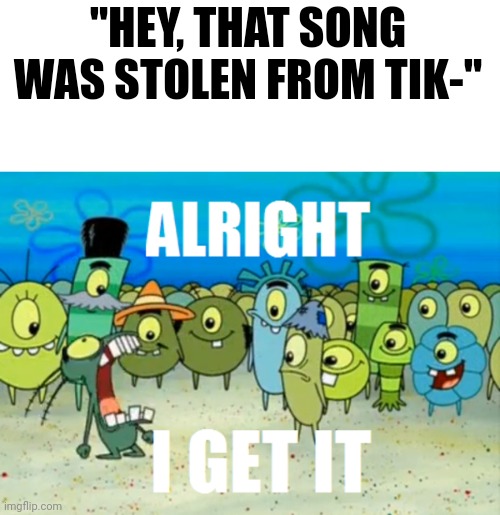 That song was stolen from TikTok! | "HEY, THAT SONG WAS STOLEN FROM TIK-" | image tagged in alright i get it,tiktok,memes | made w/ Imgflip meme maker