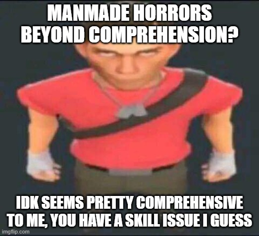 horrors beyond comprehension? idk seens comprehensive to me, youve got a skill issue |  MANMADE HORRORS BEYOND COMPREHENSION? IDK SEEMS PRETTY COMPREHENSIVE TO ME, YOU HAVE A SKILL ISSUE I GUESS | image tagged in bro,tf2 scout | made w/ Imgflip meme maker