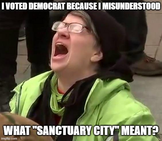 Crying liberal | I VOTED DEMOCRAT BECAUSE I MISUNDERSTOOD WHAT "SANCTUARY CITY" MEANT? | image tagged in crying liberal | made w/ Imgflip meme maker