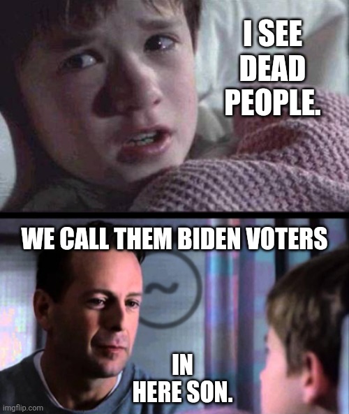 Get it right son. | I SEE DEAD PEOPLE. WE CALL THEM BIDEN VOTERS; IN HERE SON. | image tagged in i see dead people | made w/ Imgflip meme maker