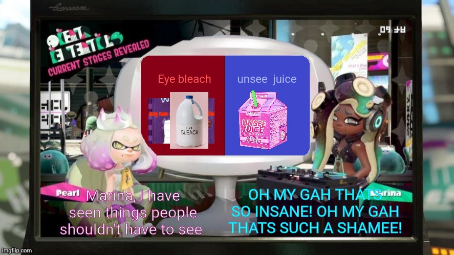 splatfest announcement w/txt settings | OH MY GAH THATS SO INSANE! OH MY GAH THATS SUCH A SHAMEE! Marina, I have seen things people shouldn't have to see Eye bleach unsee  juice | image tagged in splatfest announcement w/txt settings | made w/ Imgflip meme maker