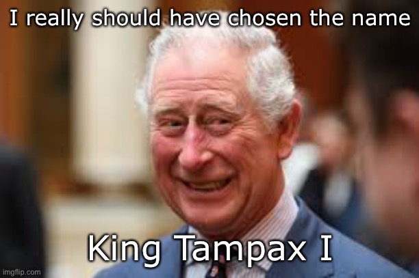 Kingdom come | I really should have chosen the name; King Tampax I | image tagged in prince charles | made w/ Imgflip meme maker