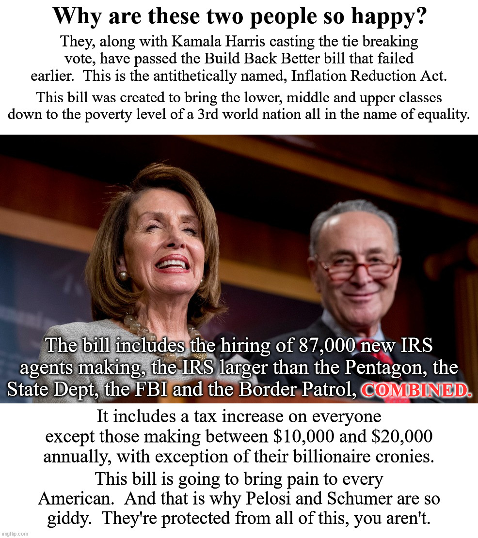 Democrats complain the right wants to destroy democracy.  The right complains because the left has destroyed liberty. | Why are these two people so happy? They, along with Kamala Harris casting the tie breaking vote, have passed the Build Back Better bill that failed earlier.  This is the antithetically named, Inflation Reduction Act. This bill was created to bring the lower, middle and upper classes down to the poverty level of a 3rd world nation all in the name of equality. The bill includes the hiring of 87,000 new IRS agents making, the IRS larger than the Pentagon, the State Dept, the FBI and the Border Patrol, COMBINED. It includes a tax increase on everyone except those making between $10,000 and $20,000 annually, with exception of their billionaire cronies. This bill is going to bring pain to every American.  And that is why Pelosi and Schumer are so giddy.  They're protected from all of this, you aren't. | image tagged in evil democrats,corruption,end of freedom | made w/ Imgflip meme maker