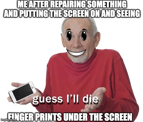 e | ME AFTER REPAIRING SOMETHING AND PUTTING THE SCREEN ON AND SEEING; FINGER PRINTS UNDER THE SCREEN | image tagged in reeeeeeeeeeeeeeeeeeeeee | made w/ Imgflip meme maker