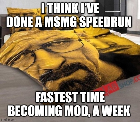 Breaking Bed | I THINK I'VE DONE A MSMG SPEEDRUN; FASTEST TIME BECOMING MOD, A WEEK | image tagged in breaking bed | made w/ Imgflip meme maker