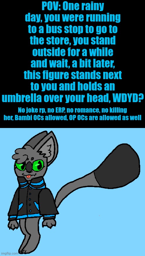 (I should note, she's at least 2'5) | POV: One rainy day, you were running to a bus stop to go to the store, you stand outside for a while and wait, a bit later, this figure stands next to you and holds an umbrella over your head, WDYD? No joke rp, no ERP, no romance, no killing her, Bambi OCs allowed, OP OCs are allowed as well | image tagged in jay | made w/ Imgflip meme maker