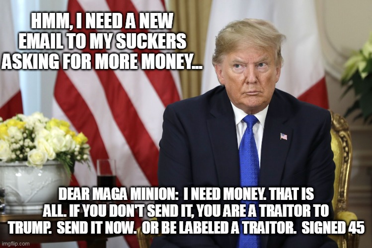 Send Trump more money | HMM, I NEED A NEW EMAIL TO MY SUCKERS ASKING FOR MORE MONEY... DEAR MAGA MINION:  I NEED MONEY. THAT IS ALL. IF YOU DON'T SEND IT, YOU ARE A TRAITOR TO TRUMP.  SEND IT NOW.  OR BE LABELED A TRAITOR.  SIGNED 45 | image tagged in how can i get the suckers to send me more money | made w/ Imgflip meme maker