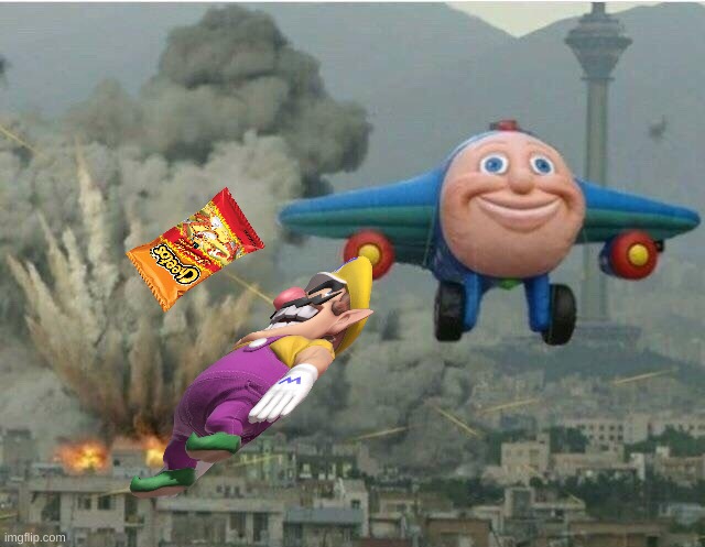 Wario dies after he fell off a plane after he bombed a city whilst eating Flamein' Hot Cheetos .mp4 | image tagged in jay jay the plane | made w/ Imgflip meme maker