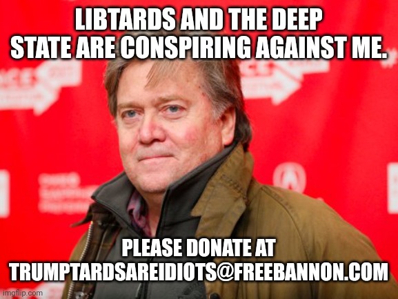 Free Bannon | LIBTARDS AND THE DEEP STATE ARE CONSPIRING AGAINST ME. PLEASE DONATE AT TRUMPTARDSAREIDIOTS@FREEBANNON.COM | image tagged in steve bannon,conservative,democrat,liberal,trump,republican | made w/ Imgflip meme maker