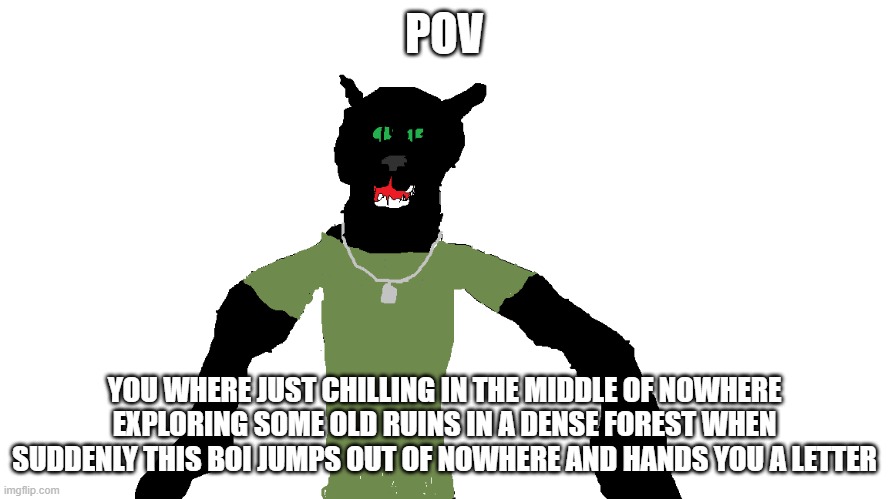 My panther fursona | POV; YOU WHERE JUST CHILLING IN THE MIDDLE OF NOWHERE EXPLORING SOME OLD RUINS IN A DENSE FOREST WHEN SUDDENLY THIS BOI JUMPS OUT OF NOWHERE AND HANDS YOU A LETTER | image tagged in my panther fursona | made w/ Imgflip meme maker