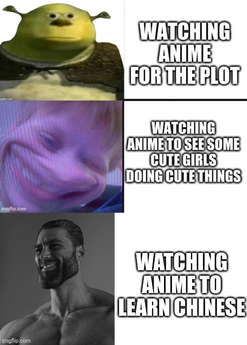 I watch anime to learn Chinese | WATCHING ANIME TO LEARN CHINESE | image tagged in giga chad,blank | made w/ Imgflip meme maker