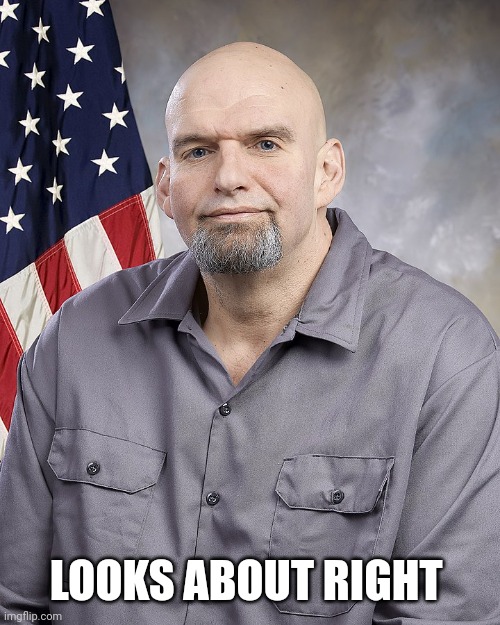 John Freeloading Fetterman | LOOKS ABOUT RIGHT | image tagged in john freeloading fetterman | made w/ Imgflip meme maker