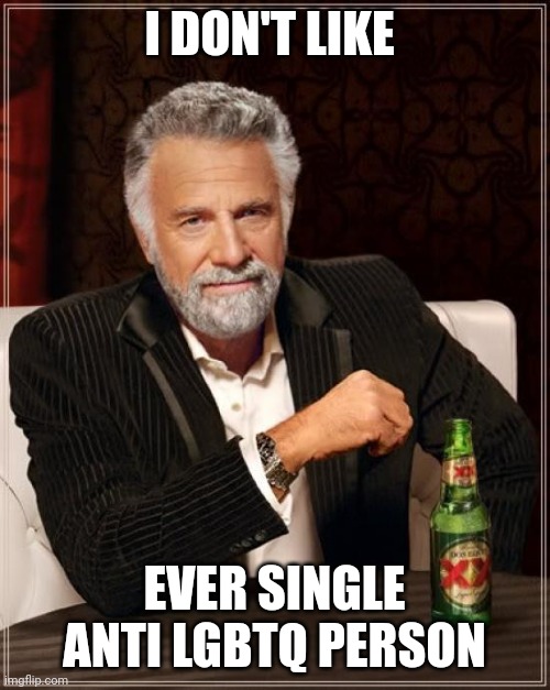 The Most Interesting Man In The World Meme | I DON'T LIKE; EVER SINGLE ANTI LGBTQ PERSON | image tagged in memes,the most interesting man in the world | made w/ Imgflip meme maker