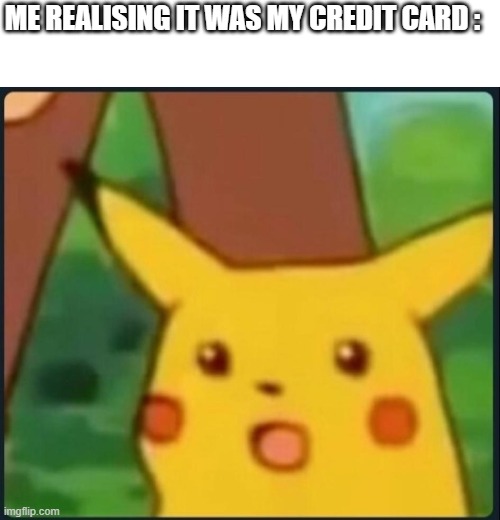 Surprised Pikachu | ME REALISING IT WAS MY CREDIT CARD : | image tagged in surprised pikachu | made w/ Imgflip meme maker