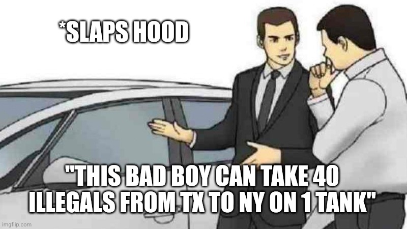 Car Salesman Slaps Roof Of Car Meme | *SLAPS HOOD; "THIS BAD BOY CAN TAKE 40 ILLEGALS FROM TX TO NY ON 1 TANK" | image tagged in memes,car salesman slaps roof of car | made w/ Imgflip meme maker