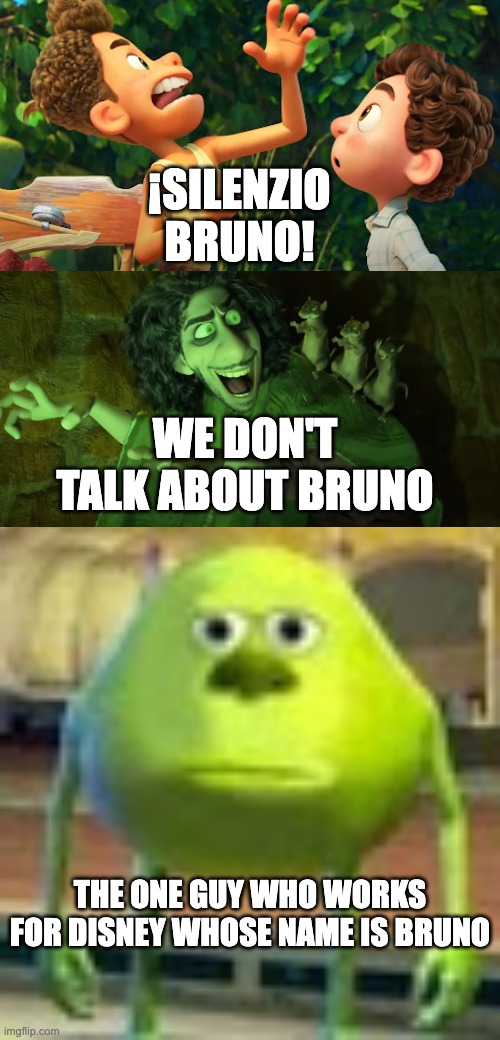 Sad :( | ¡SILENZIO BRUNO! WE DON'T TALK ABOUT BRUNO; THE ONE GUY WHO WORKS FOR DISNEY WHOSE NAME IS BRUNO | image tagged in sully wazowski | made w/ Imgflip meme maker
