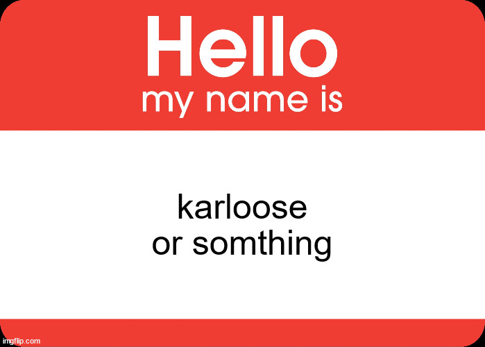 Hello My Name Is | karloose or somthing | image tagged in hello my name is | made w/ Imgflip meme maker